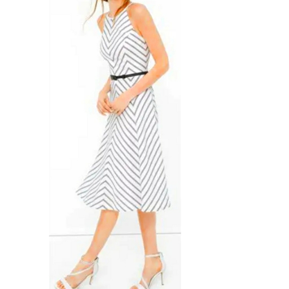 WHBM Haltered White Stripe Linen Blend Midi Dress